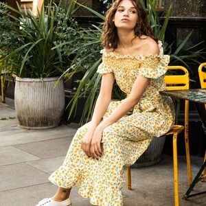 Loretta Caponi Delfina smocked yellow floral print midi dress 20192